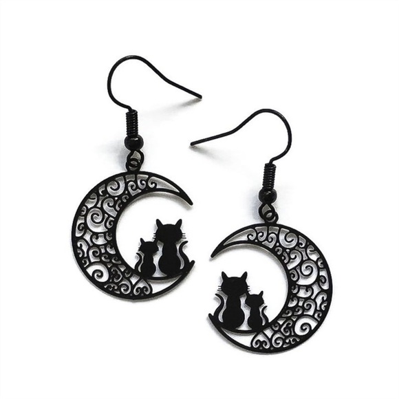 Any 4/$25! Black Laser Cut Filagree Half Moon w/Cat Silhouettes Drop Earrings - Picture 3 of 8
